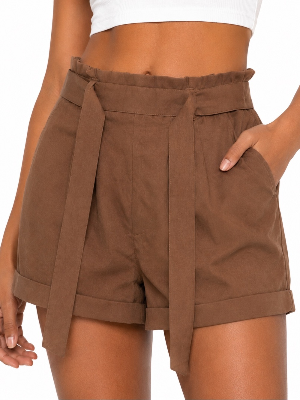 Brown Paperbag Waist Tie Shorts